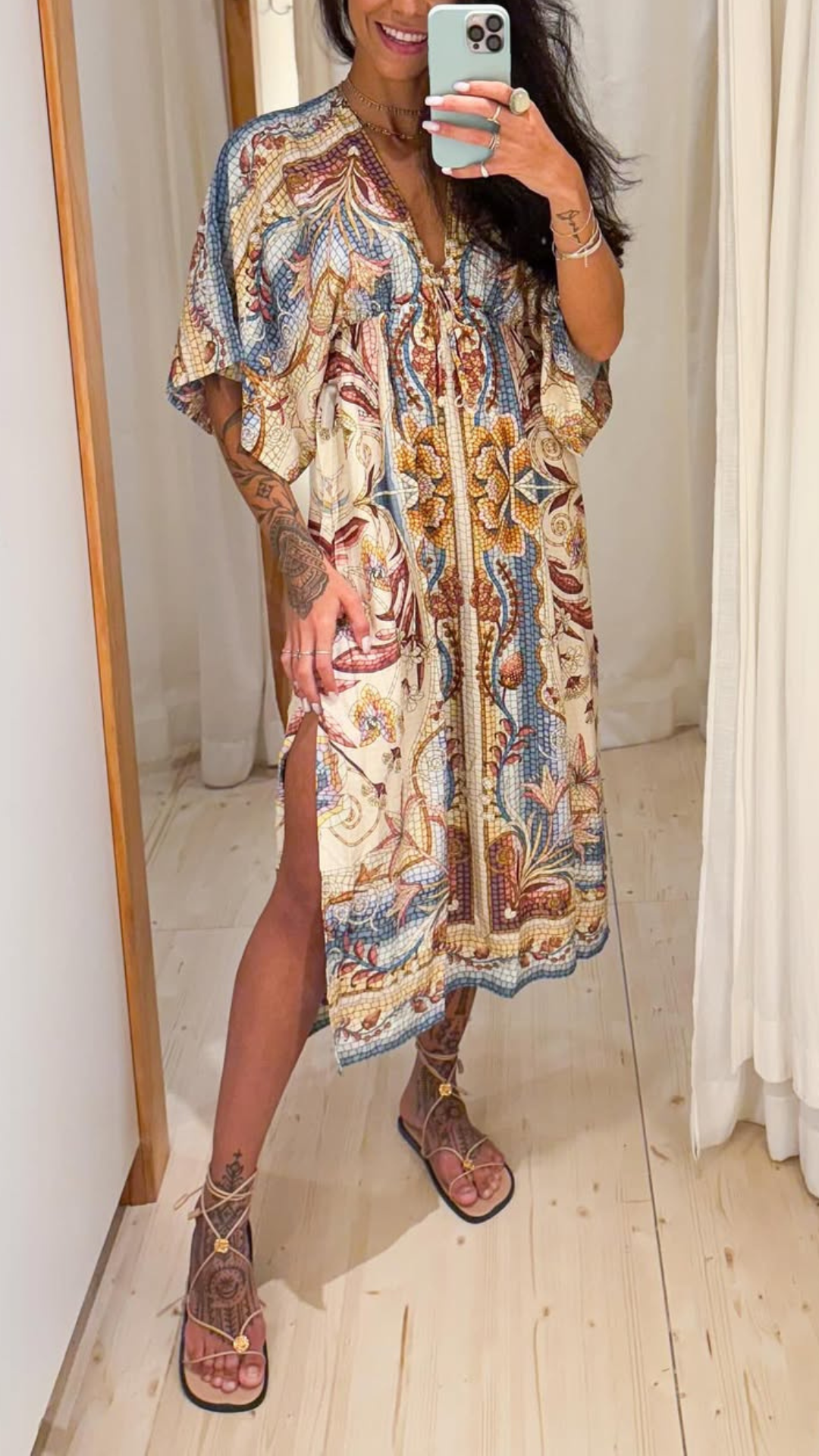 351985 | Vestido Longo Manga Estampado Vitral Do Mar