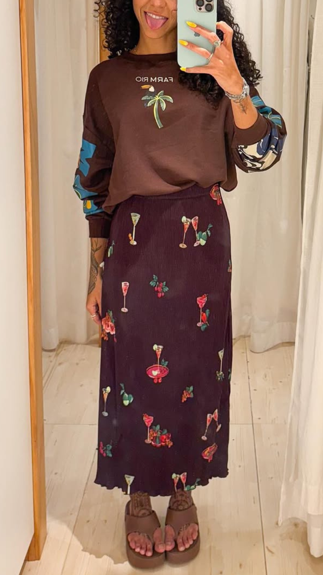 346173 | Conjunto Saia Midi Plissada Estampada Coquetel Tropical